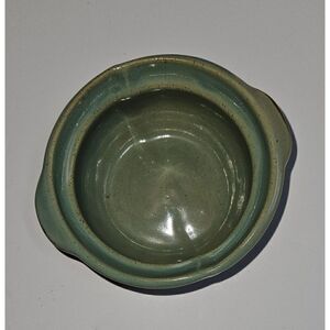Vintage Brown Glazed Pottery Small Dish Bowl Turquoise Handles & Interior